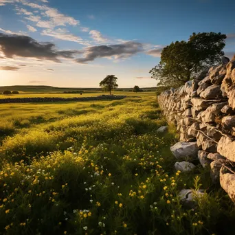 A dry stone wall surrounded by wildflowers in a green meadow during golden hour. - Image 3