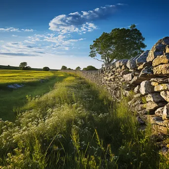 A dry stone wall surrounded by wildflowers in a green meadow during golden hour. - Image 4