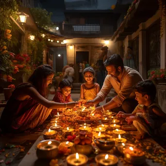 Families celebrating Diwali by lighting lamps in decorated homes. - Image 1