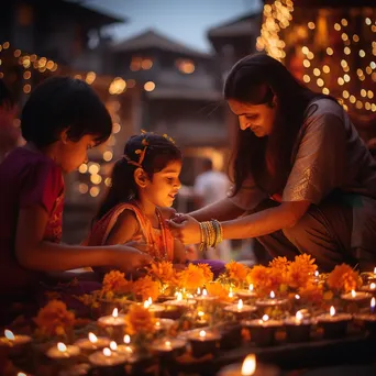 Families celebrating Diwali by lighting lamps in decorated homes. - Image 2