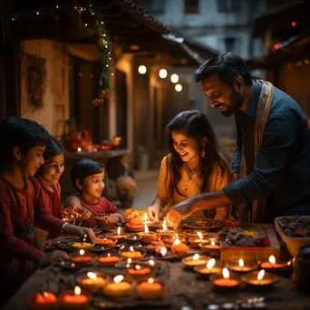 Families celebrating Diwali by lighting lamps in decorated homes. - Image 4