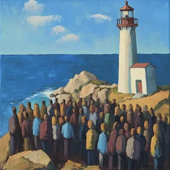 Community gathering at a bright lighthouse painted with oil on canvas - Image 1