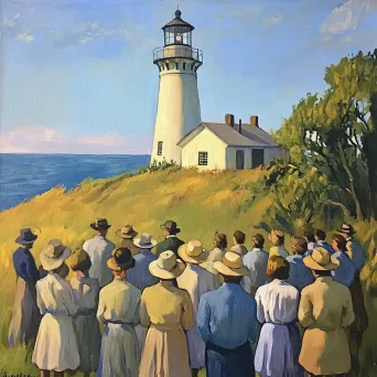 Community gathering at a bright lighthouse painted with oil on canvas - Image 3