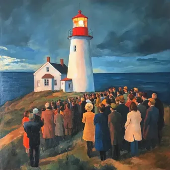 Community gathering at a bright lighthouse painted with oil on canvas - Image 4