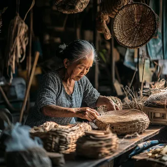 Artisans practicing basket weaving in a light-filled workshop - Image 1