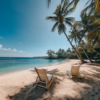 Tropical beach with lounge chairs, coconut trees, and sailboat - Image 1