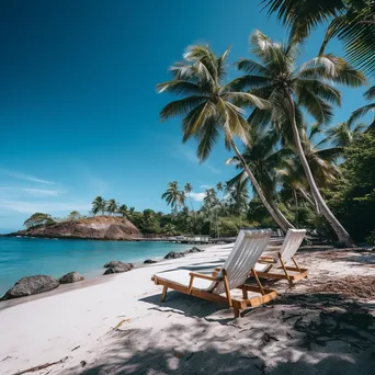 Tropical beach with lounge chairs, coconut trees, and sailboat - Image 3