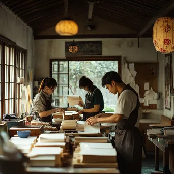 Students in a classroom learning how to make paper. - Image 4