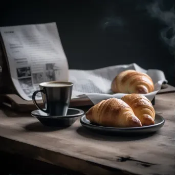 Top view of coffee cup, croissant, and newspaper on a wooden table - Image 1