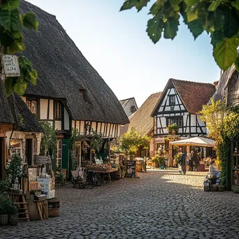 Village square bustling with activity and thatched roof homes - Image 1