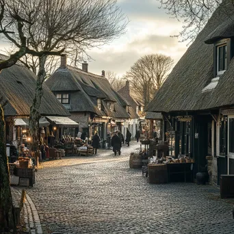 Village square bustling with activity and thatched roof homes - Image 2