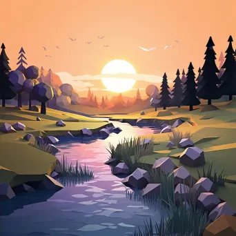 Low poly depiction of a peaceful river at twilight curving through a serene meadow - Image 2