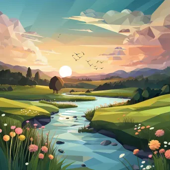 Low poly depiction of a peaceful river at twilight curving through a serene meadow - Image 3