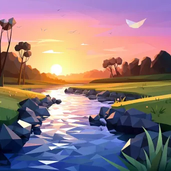 Low poly depiction of a peaceful river at twilight curving through a serene meadow - Image 4