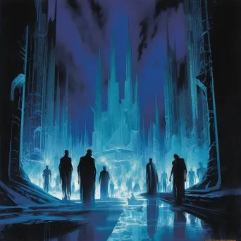 Spectral cityscape in the afterlife with bioluminescent plants and ghost-like figures - Image 2