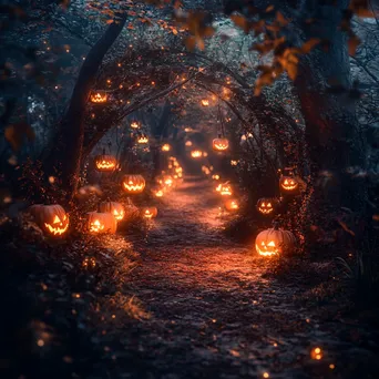 Forest path with glowing pumpkins and lanterns surrounded by mist - Image 1