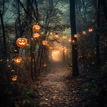 Forest path with glowing pumpkins and lanterns surrounded by mist - Image 4