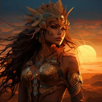 A Bronze Age warrior queen with symbolic tattoos, set against a golden sunset - Image 2