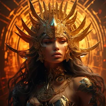 A Bronze Age warrior queen with symbolic tattoos, set against a golden sunset - Image 3