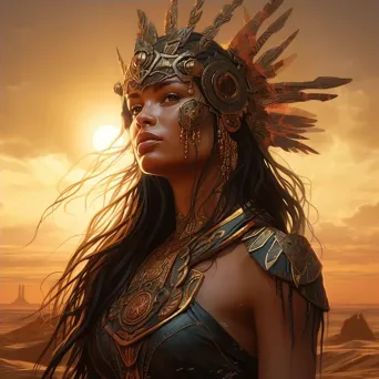 A Bronze Age warrior queen with symbolic tattoos, set against a golden sunset - Image 4