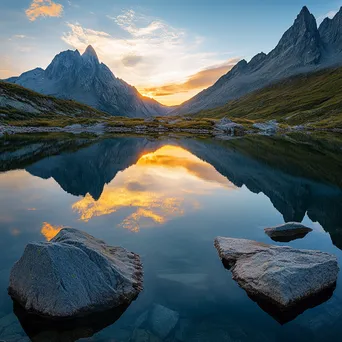 Mountain ridge reflected in a serene alpine lake at sunset - Image 1