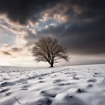 Black and white winter landscape with snow-covered fields and solitary trees - Image 1