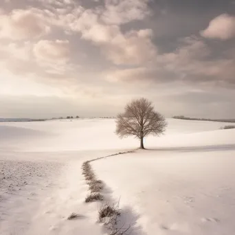 Black and white winter landscape with snow-covered fields and solitary trees - Image 3