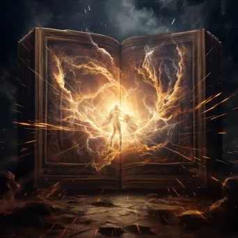 Magical tome open to a page showing a battle between light and darkness - Image 4