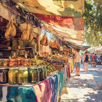 Vibrant market stalls selling olive oil and fresh olives under shaded canopies. - Image 3