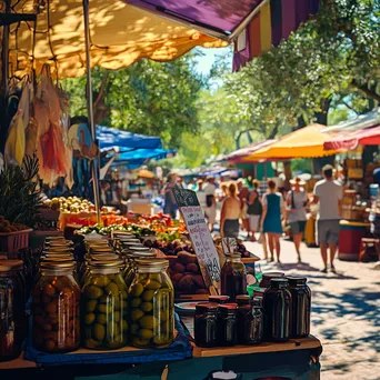 Vibrant market stalls selling olive oil and fresh olives under shaded canopies. - Image 4