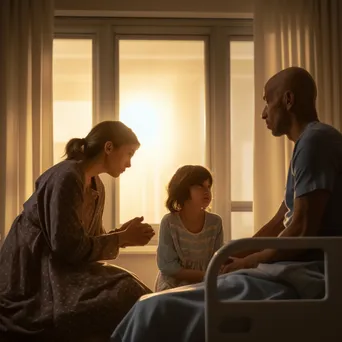 Family visiting a patient in a hospital room with emotional interactions. - Image 1