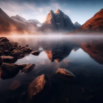 Long exposure photo of a misty mountain lake at dawn - Image 4