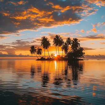 Golden sunset over a tropical island with palm trees and calm waters. - Image 2