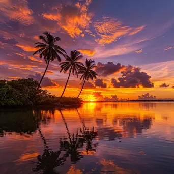 Golden sunset over a tropical island with palm trees and calm waters. - Image 3