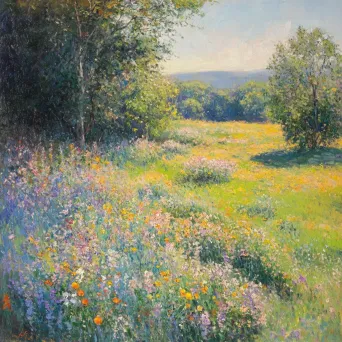 Impressionistic pastel painting of a sunlit meadow with flowers symbolizing shared moments of friendship - Image 4