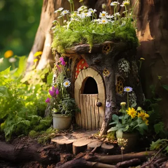 Tree stump designed as a fairy house surrounded by flowers - Image 3