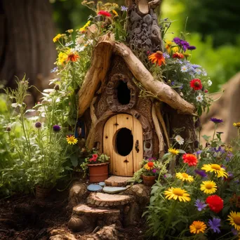 Tree stump designed as a fairy house surrounded by flowers - Image 4