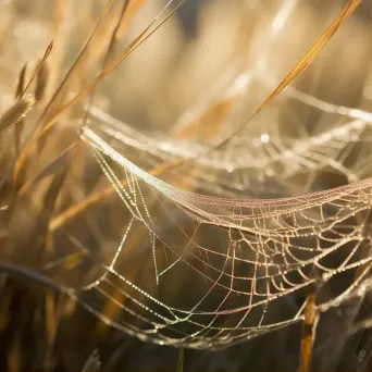 Close-up of spider silk threads among grass blades - Image 1