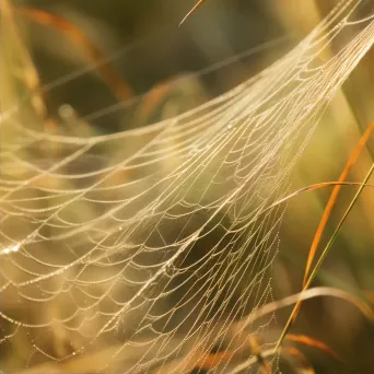 Close-up of spider silk threads among grass blades - Image 2