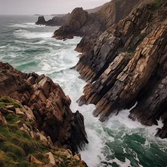 Dramatic coastal cliffs with crashing waves in black and white - Image 1