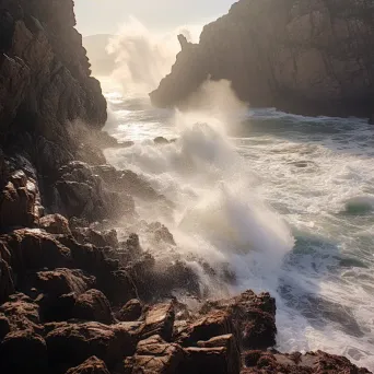 Dramatic coastal cliffs with crashing waves in black and white - Image 3