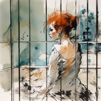 Woman gazing out from behind iron bars on a window - Image 2