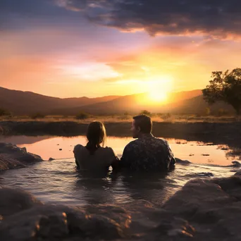 A couple relaxing in a thermal spring during a picturesque sunset. - Image 1