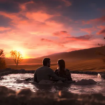 A couple relaxing in a thermal spring during a picturesque sunset. - Image 2