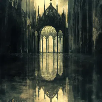 Artwork of a Gothic cathedral reflected in a still pond, with chiaroscuro light play - Image 1