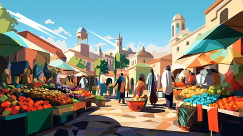 Colorful low poly digital depiction of a morning market scene, influenced by Cubism - Image 2