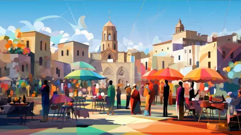 Colorful low poly digital depiction of a morning market scene, influenced by Cubism - Image 3