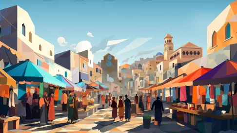 Colorful low poly digital depiction of a morning market scene, influenced by Cubism - Image 4