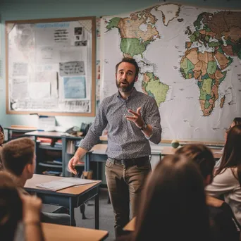 Teacher giving a lecture to attentive students in a traditional classroom. - Image 4