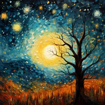 Fall leaves underneath a pastel-colored starry night sky in impressionistic style - Image 2